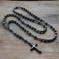 6mm lapis lazuli stone bead hematite cross pendant necklace for men women catholic christ rosary cross pendant drop shipping