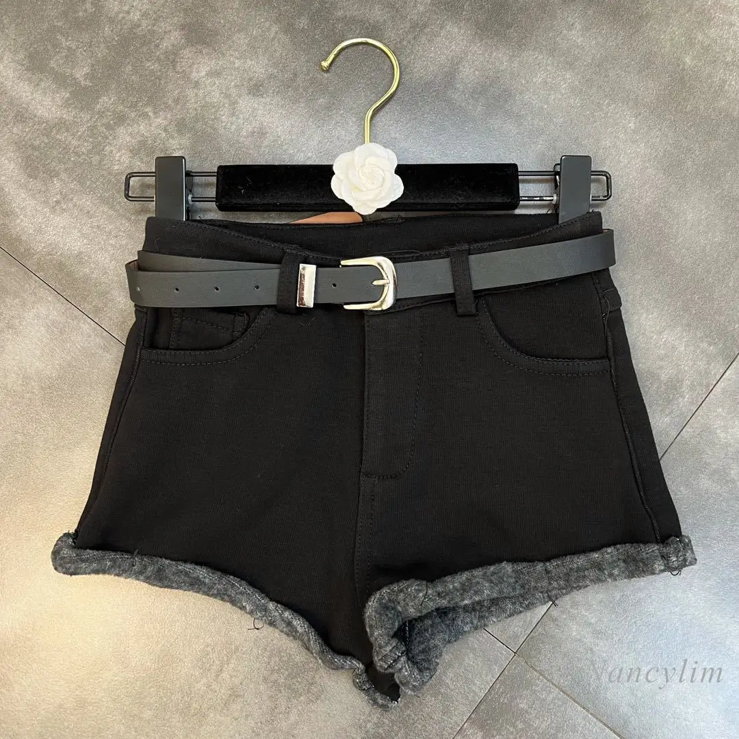 

Winter Shorts Women Winter Thick Fleece with Belt Slimming Denim Cotton Shorts Femme Casual All-Match Boots Pants