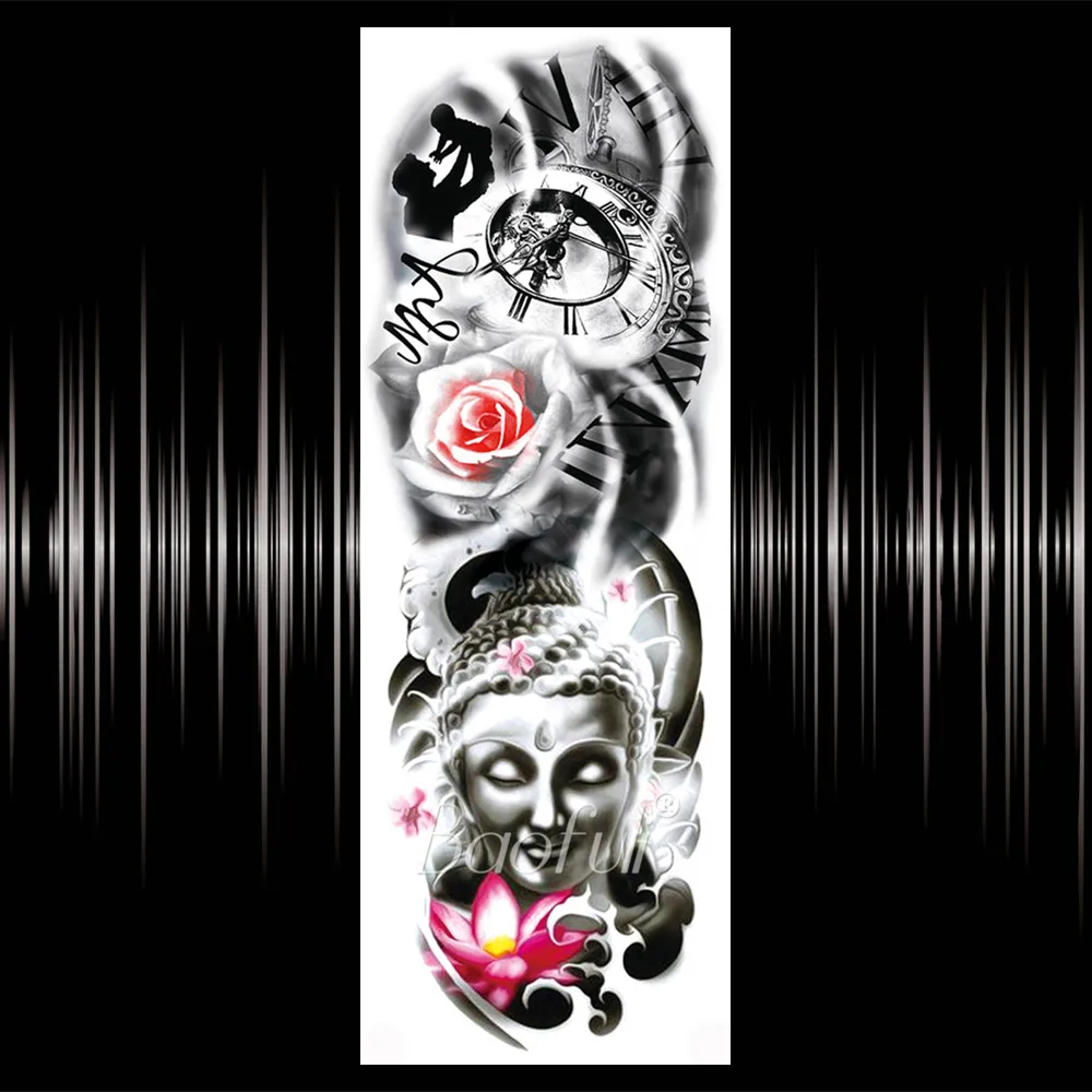 Будда часы с лотосом тату стикер реалистичный поддельный череп полная рука Тотем
