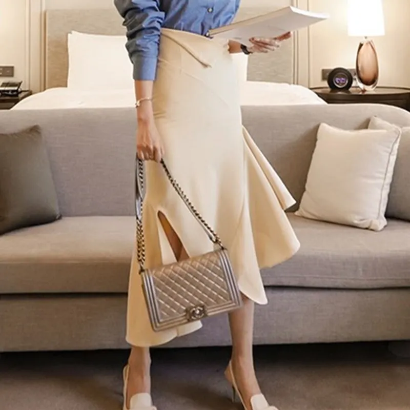 

Women 2 Piece Set Spring Autumn Korean Fashion Denim Beaded Single-Breasted Long Sleeve Shirt Tops + Ruffle Bodycon Skirt Suit