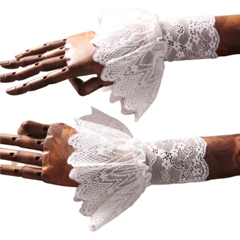 

Women Lotus Leaf Fake Sleeves Crochet Floral Lace Pleated Ruffles Horn Cuffs Sweater Decorative Sunscreen Wrist Warmers