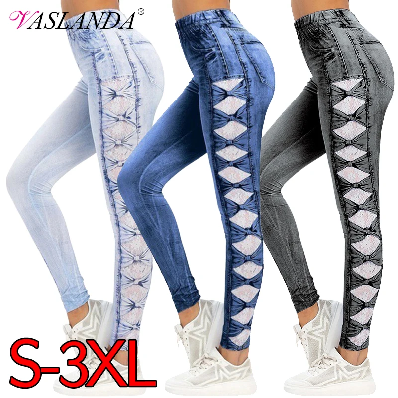 Women Denim Jeans 3D Print Lace Bowknot Skinny Jean Jeggings High Waist Ninth Pencil Pants Slim Leggings Distressed Trousers | Женская