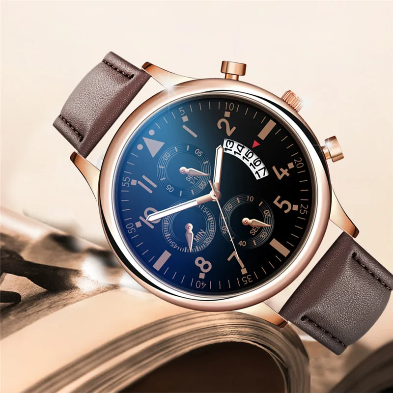 Для мужчин Роскошные часы кожа кварцевые High End Хронограф Календарь с большим