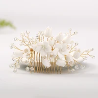 white ceramic flower hair comb bridal crown pearls jewelry handmade wedding headpiece fashion women hairpiece