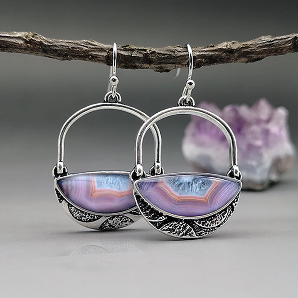 

European and American Vintage Purple Stone Dangle Earrings Ladies Tribal Hollow Lock Shaped Hook Earrings Pendientes