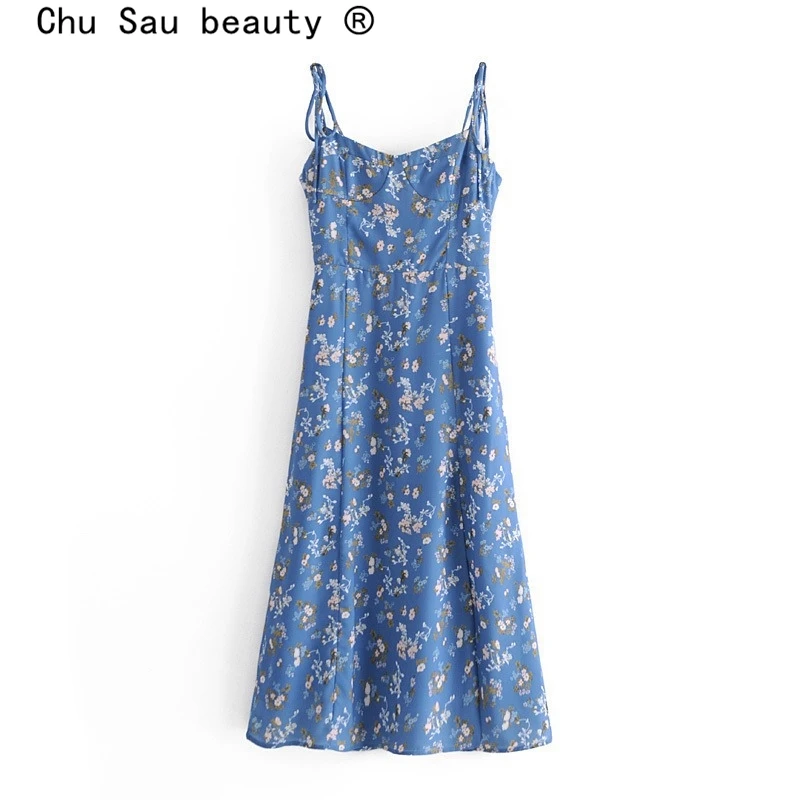 

New Fashion Sweet Chic Floral Printed Split Midi Dress Women French Style Elastic Back Party Sling Dresses Female Vestidos