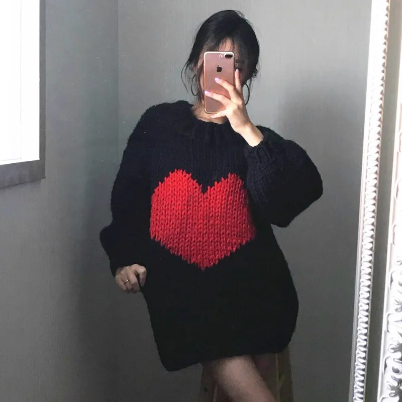 

Kawaii Red Heart Jacquard Women Casual Puff Sleeve Pullover Jumpers Long Knit Sweater Tops Korean Streetwear One Size