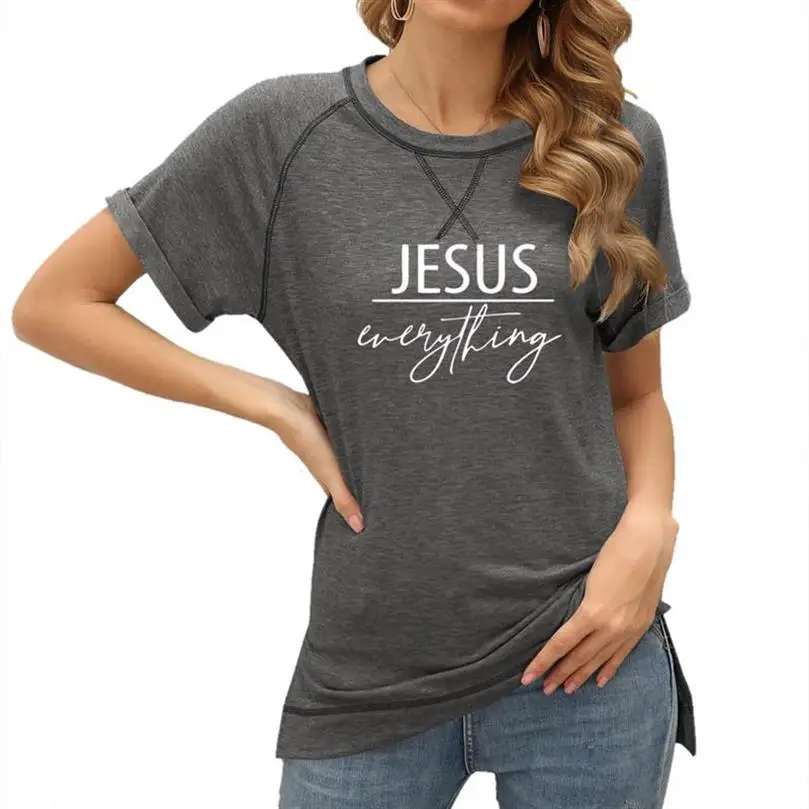 

New Arrival T-Shirt For Women Jesus Faith Letters Print Colorblock Crossover Loose Top With Short Sleeves Tops Harajuku T-Shirt
