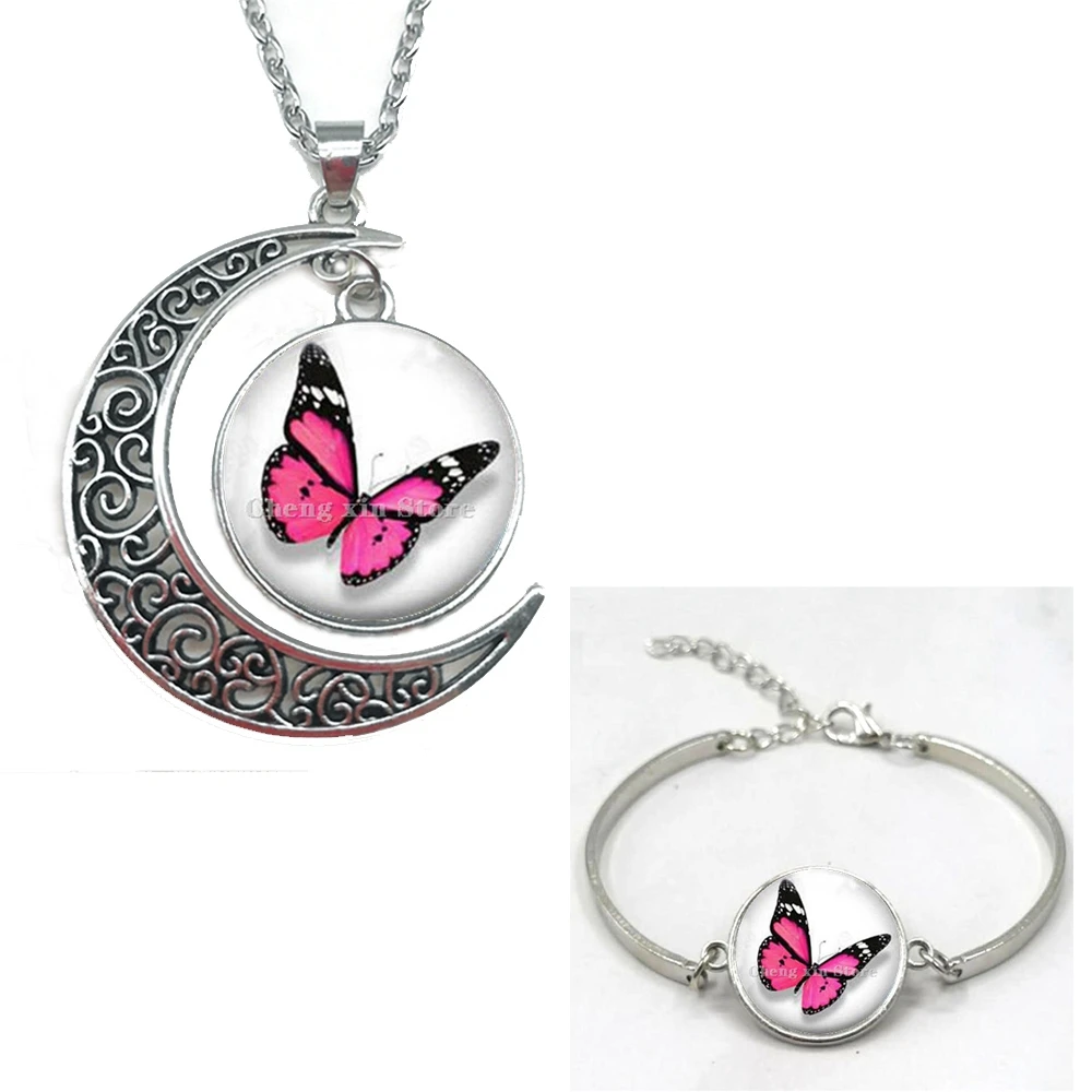 Ожерелье и браслет со стеклянным кабошоном изображением бабочки