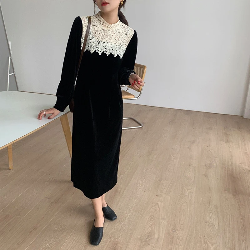 

Women Dresses Long Sleeves Korean Elegant Slim Lace Patchwork Female Mid-Calf Chic Casual Hot New Dress