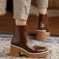 round toe ankle boots women genuine leather high heel motorcycle boots female high top chunky platform pumps shoes casual shoes