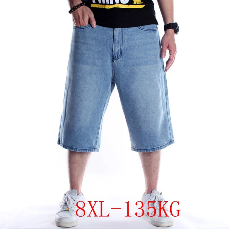 

Джинсовые шорты большого размера 4XL-8XL, обхват бедер 150 см, мужские укороченные брюки, джинсы на молнии со средней талией и карманами, штаны дл...
