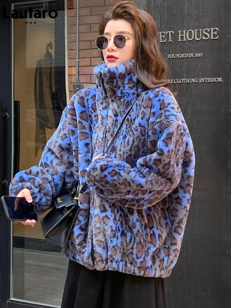 Lautaro Winter Oversized Colorful Leopard Print Faux Fur Coat Women Long Sleeve Zip Up Warm Soft Fluffy Jacket Korean Fashion