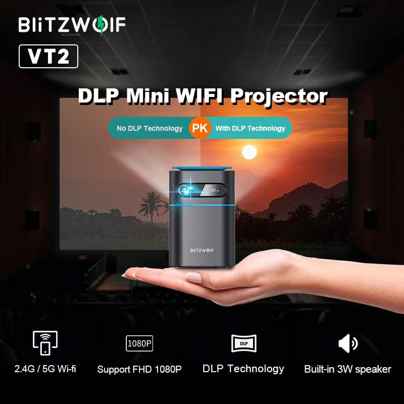 BlitzWolf BW-VT2 DLP Mini WIFI Projector 1080P Hand Cinema Movie Video Led 4K Wireless Home |