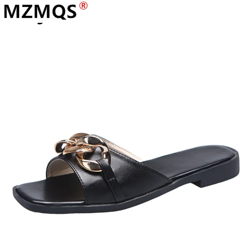 

2021 Women's Casual Slippers Ladies Summer Sandals Chain Open Toe Square Head Outdoor Slippers Women Beach Slides Flat Shoes