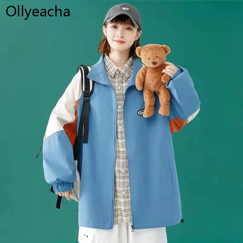 

Ollyeacha Stand Collar jackets for women Patchwork Cardigan for Zipper Loose Streetwear Over sized Student Korean Fashion 재킷
