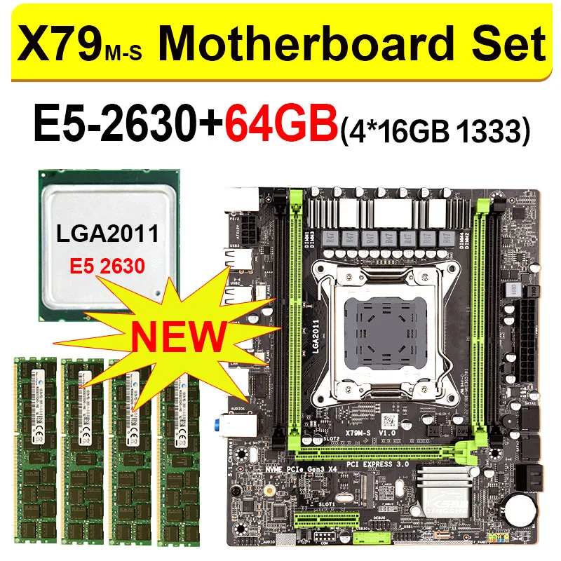 baratas X79 M-S 2.0 Placa-mãe Conjunto Com Intel Xeon, E5-2630 2.3ghz Cpu 4*16gb = 64gb Ddr3 1333mhz Ecc/reg Ram M.2 Ssd 6 Núcleo 12 Threads