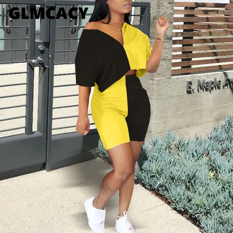 

Women Color Block Two Piece Matching Sets Short Sleeve Top & High Waist Bodycon Shorts Casual Suits
