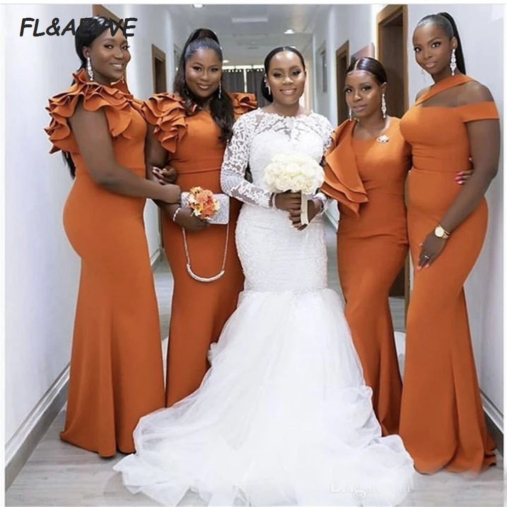 

Mermaid Black Girl's Bridesmaid Dress Elastic Satin Cap Sleeves Wedding Events Gown African Bridesmaids Dresses