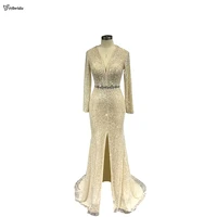 yybride v neck long sleeves beading prom dresses bespoke occasion dresses mermaid crystals champagne evening dresses