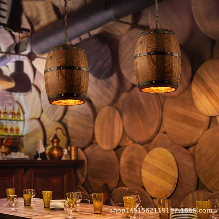 

Loft American Village Wooden Wine Barrel Pendant Light Barrel Bucket Dining Room Bedroom E27 Fixture Hanging Lighting Bed Ing