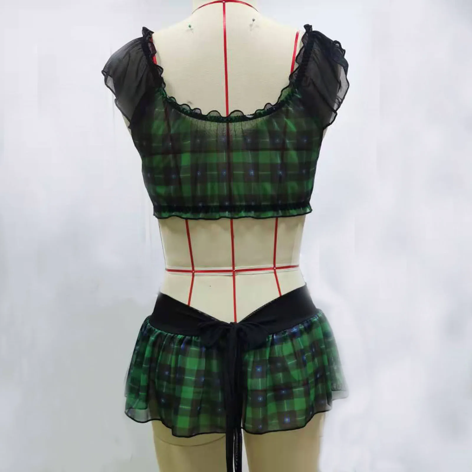 

Mujer Women Sexy Lingerie Plaid Printed Bra Thong Skirt Summer Uniform Lingerie Underwear Pajamas Set Bowknot Two Piece Bodysuit