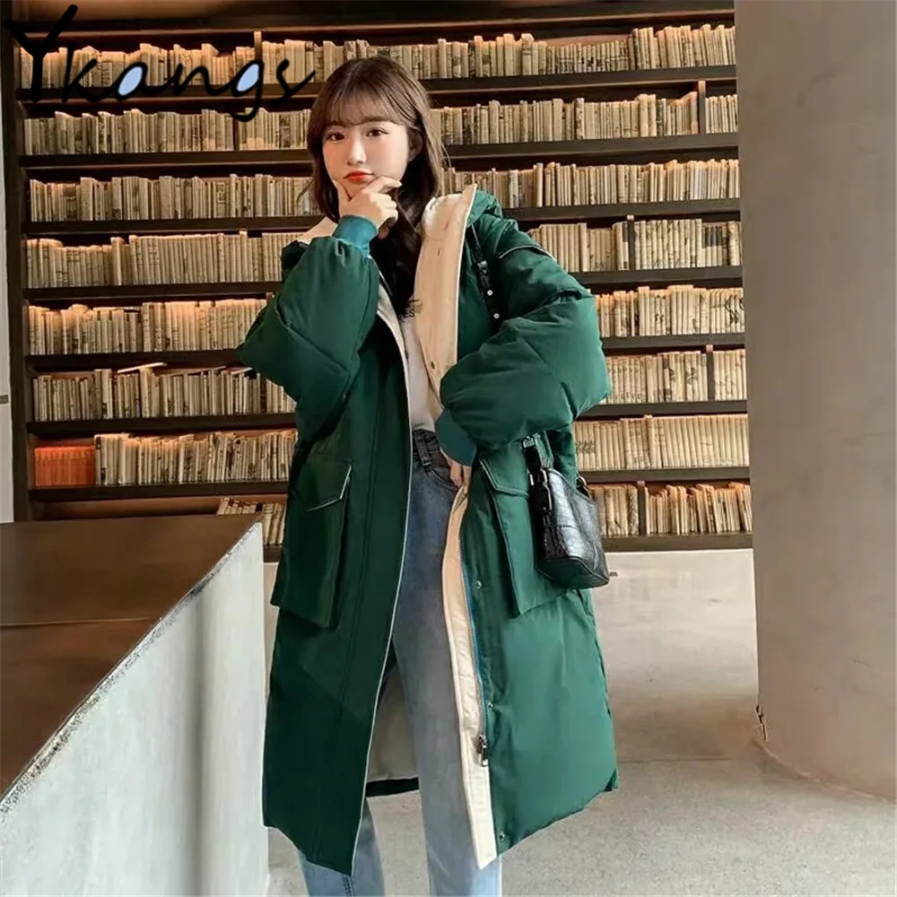 

Korean Style Solid Color Parkas Oversize All-Match Women Warm Hooded Jacket Harajuku Spring Winter Loose Cotton Zipper Midi Coat