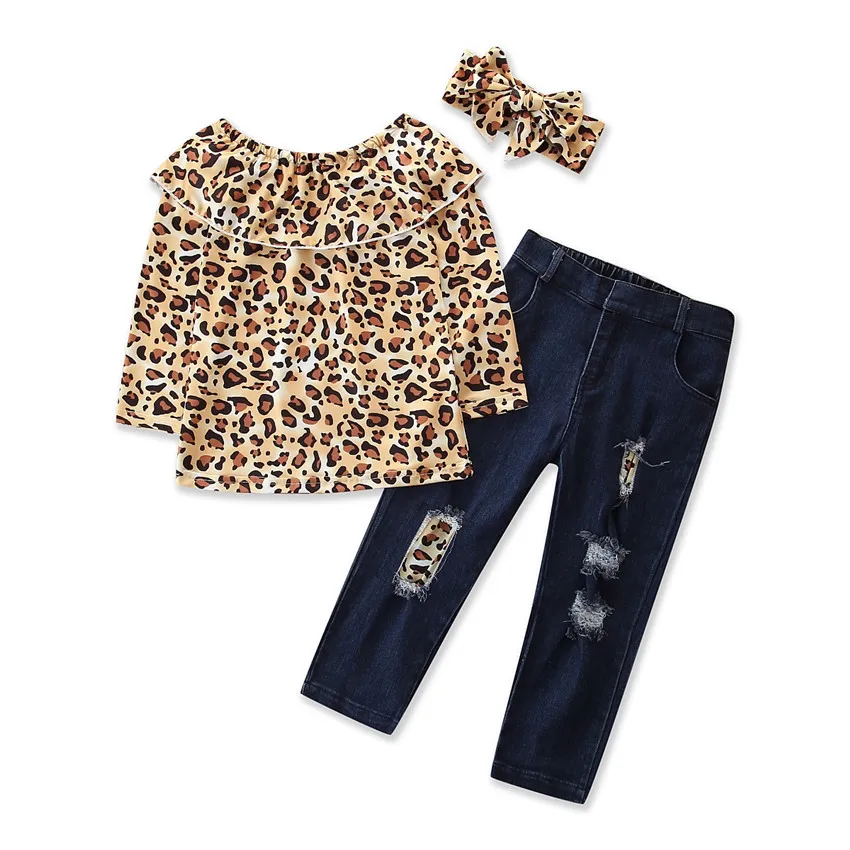 

children girls clothing set top long sleeve t shirt leopard rainbow + denim hole hollow out jeans kids toddler 2pcs outfit set