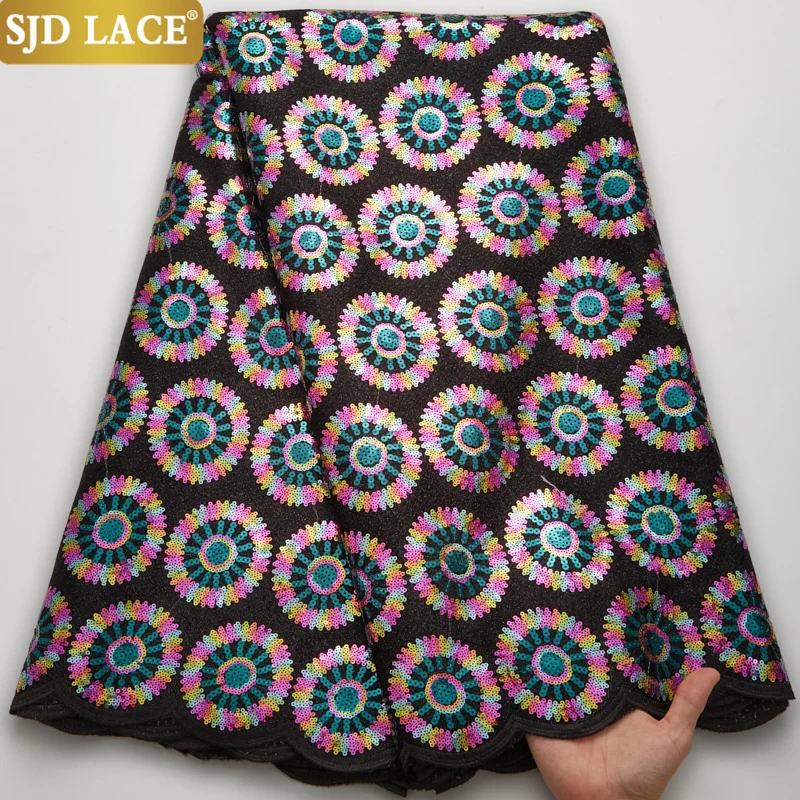 

SJD LACE 2022 Nigerian Heavy Velvet Lace Fabric Sequins African Lace Fabric 5 Yards French Tulle Lace Fabric Light Sequine A2672