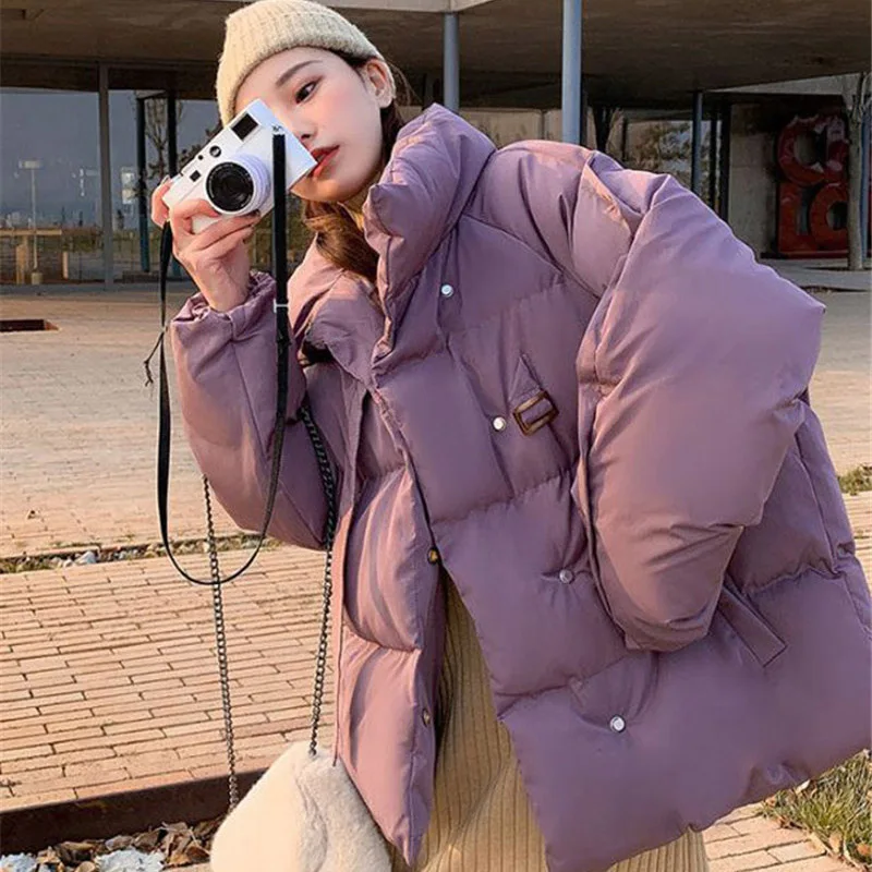 

Cor violeta sólida nova jaqueta de inverno curto mulheres casacos de algodão quente feminino casual solto outwear coreano