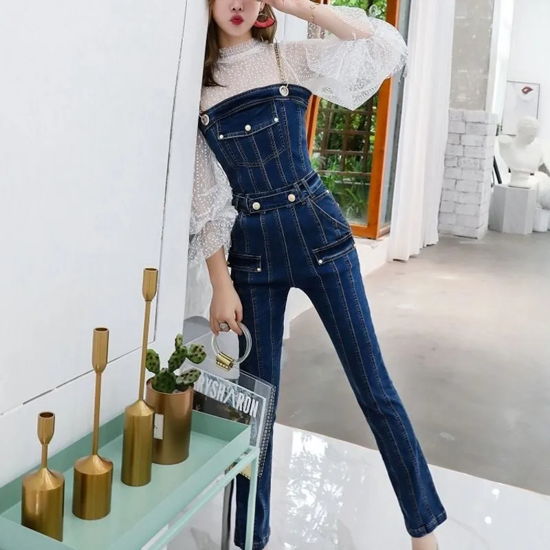 Высокая улица без рукавов цепь Спагетти ремень женские джинсовые комбинезоны Slim