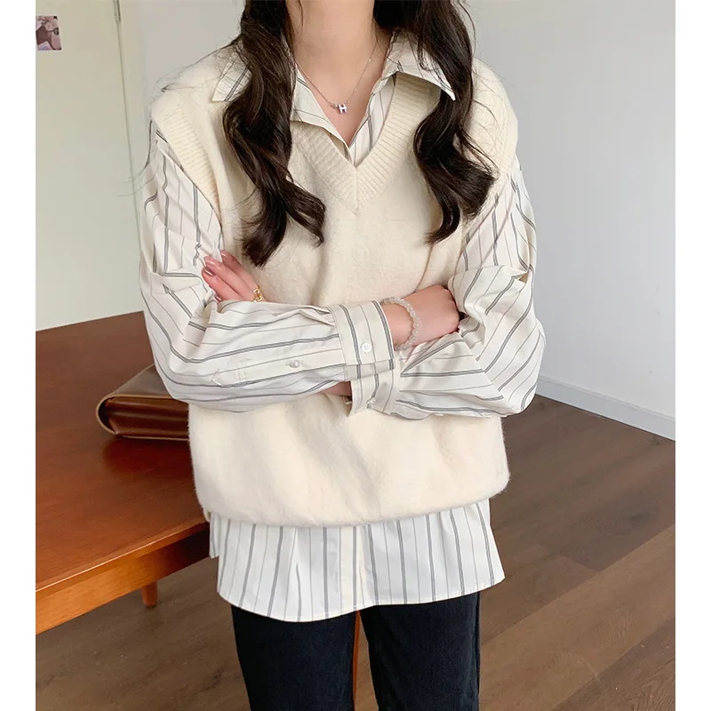

TVVOVVIN Spring Striped Shirt Women's 2021 New Korean Lapel Loose Long Sleeve All-match Casual Blouse IAGS