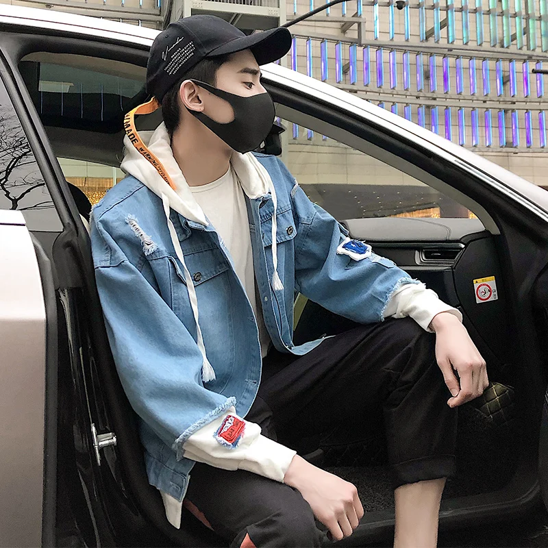 Куртка мужская джинсовая с капюшоном модная уличная одежда в стиле хип-хоп