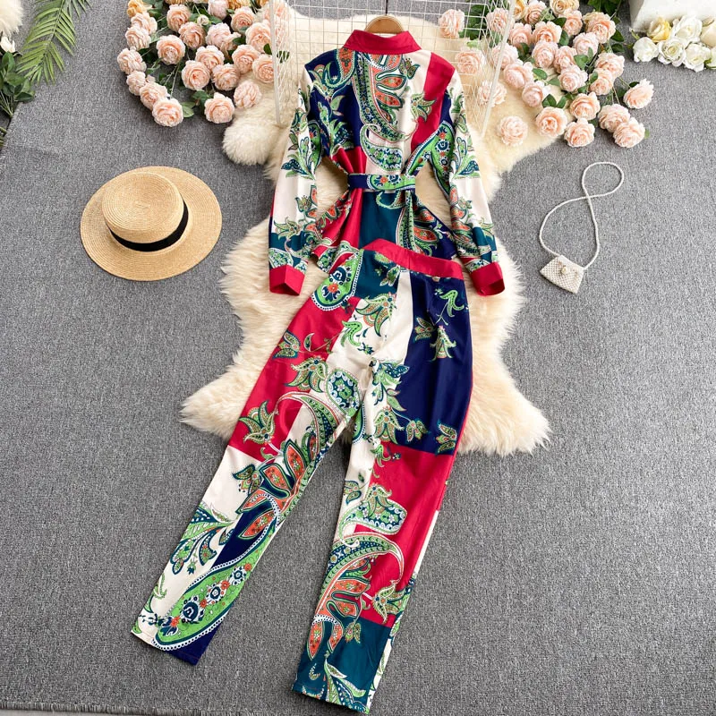 

European and American professional women's shirt design sense niche printing straight leg pants fashionable two-piece trend