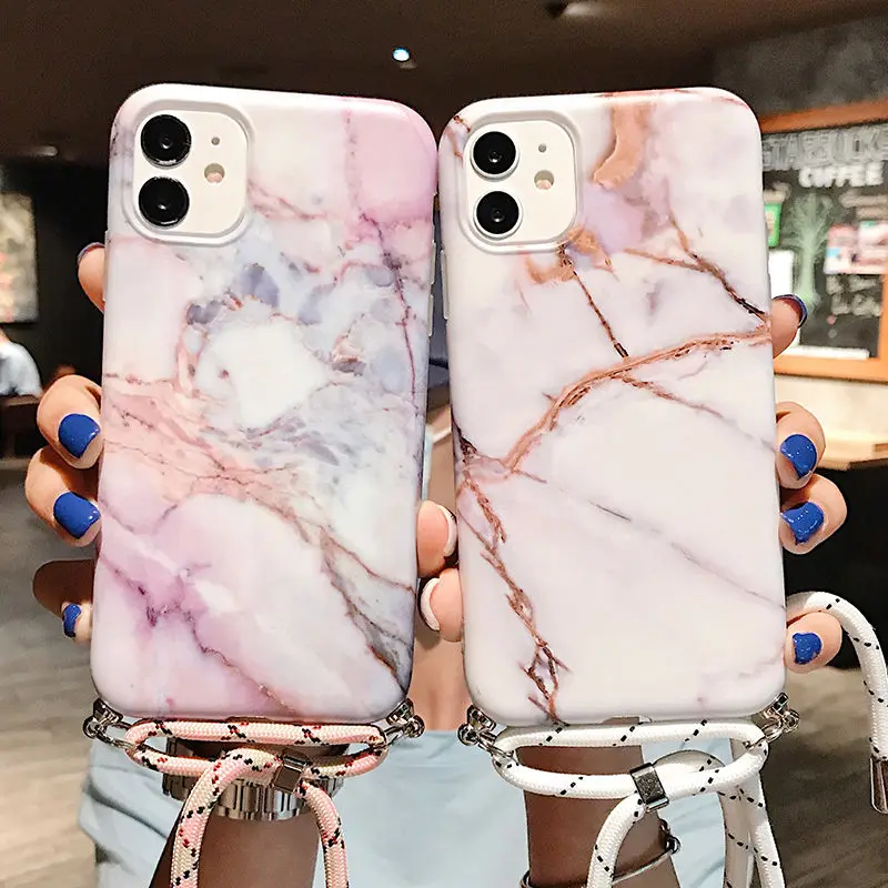 Чехол для телефона с ремешком и мраморной текстурой iPhone 13 12 11Pro Max XR XS X 6S 7 8 Plus