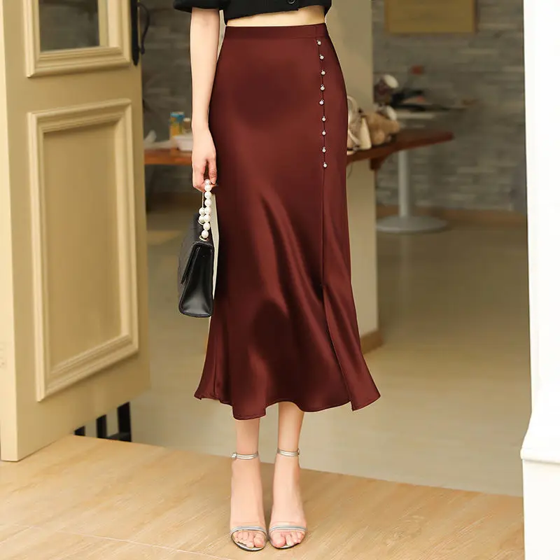 

Silk Satin Skirts for Women 2021 New Spring Summer Women's Elegant Black High Waisted Midi Skirt Jupe Femme Faldas Saia Y931