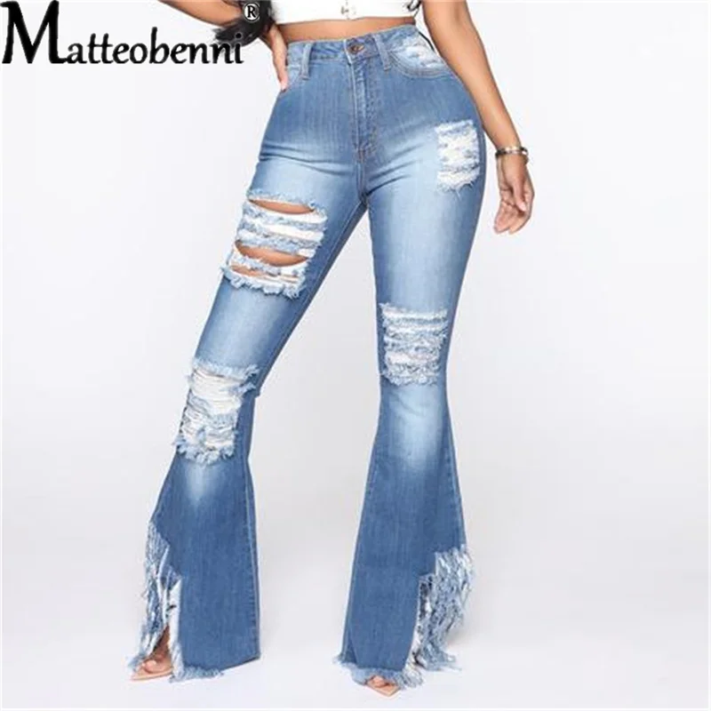 

Fashion Denim Flare Pants Women High Waist Retro Ripped Jeans Wide Leg Trousers Lady Casual Bell-Bottoms Flare Pant Tassel Jeans