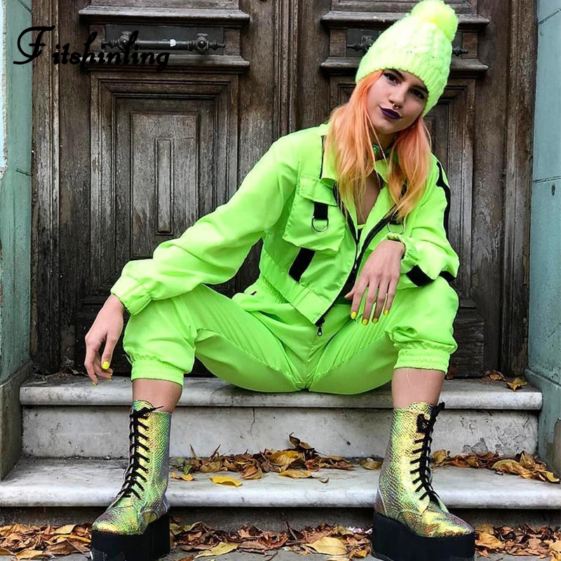 Женский осенне зимний спортивный костюм неонового зеленого цвета для фитнеса с