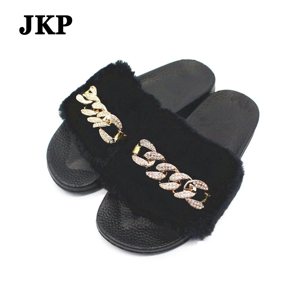 Шлепанцы женские из искусственного лисьего меха меховые сандалии с блестящей