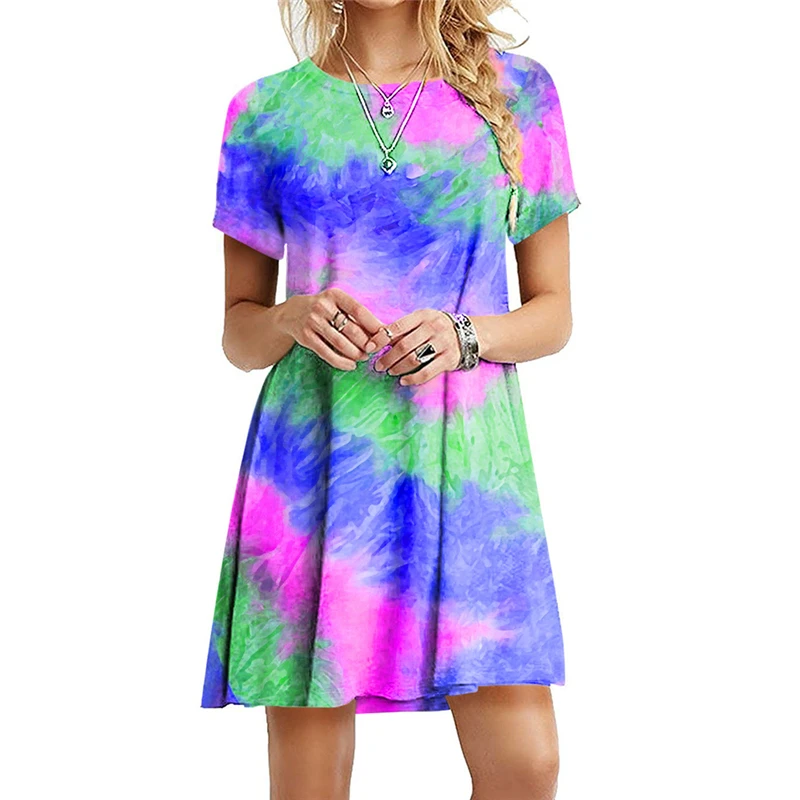 

Fashion Rainbow Print Dresses Women'S Slim Short Sleeve O-Neck Dresses Hot Sale Ladies Vestidos For Female