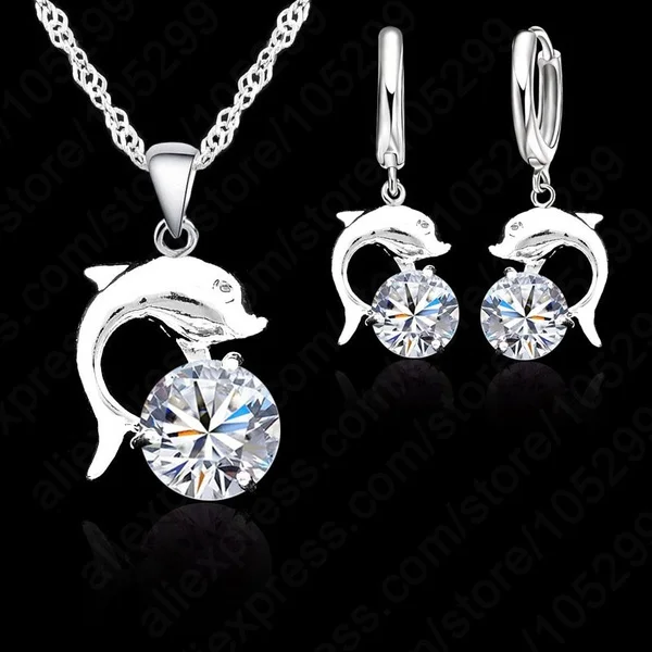 

Ofertas Hot Sale Cute Lovely Dolphin Lever Back Necklace Sets for White Gold Plated with Crystal Woman Wedding Jewelry