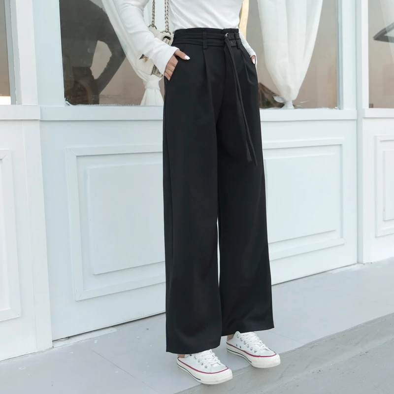 Женские широкие брюки с высокой талией BGTEEVER свободные длинные поясом офисные 2019 |