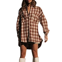 female shirt adults plaid turn down collar long sleeve tops with pockets for spring fall smlxl