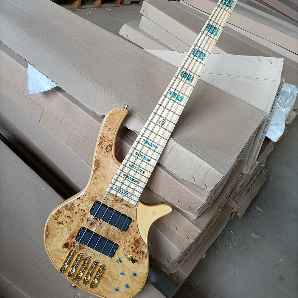 

Free Shipping 5 Strings Natural Wood Color Electric Bass with Active Pickups,Abalone Inlay