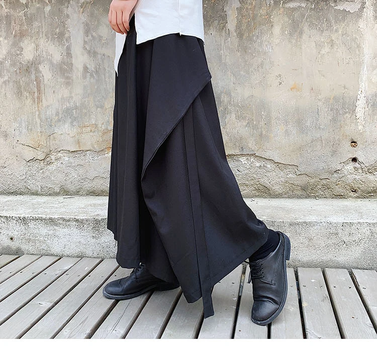 

Men Streetwear Hip Hop Loose Casual Wide Leg Skirts Pants Male Ribbons Design Punk Gothic Japan Style Kimono Harem Trousers