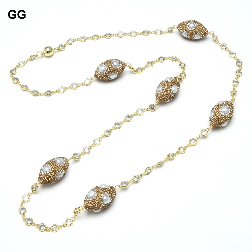 

GG Jewelry Cultured White Keshi Pearl Crystal CZ Pave Station Necklace Gold Color Plated Cz Chain 39" For Women