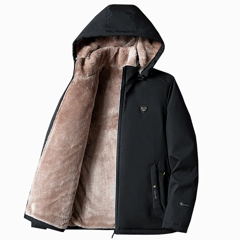 Winter Men's Plus Velvet Padded Stand Collar Jacket Warm Lamb Velvet Cotton Parkas Jacket Hooded Casual Thicken Business Coats