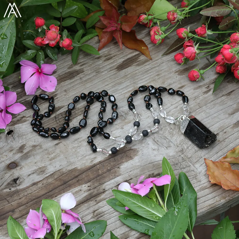 

Natural Black Tourmaline Chunky Point Pendant 8mm Black Tourmaline White Quartz Beads Knotted Handmade Necklace 32 Inch Long