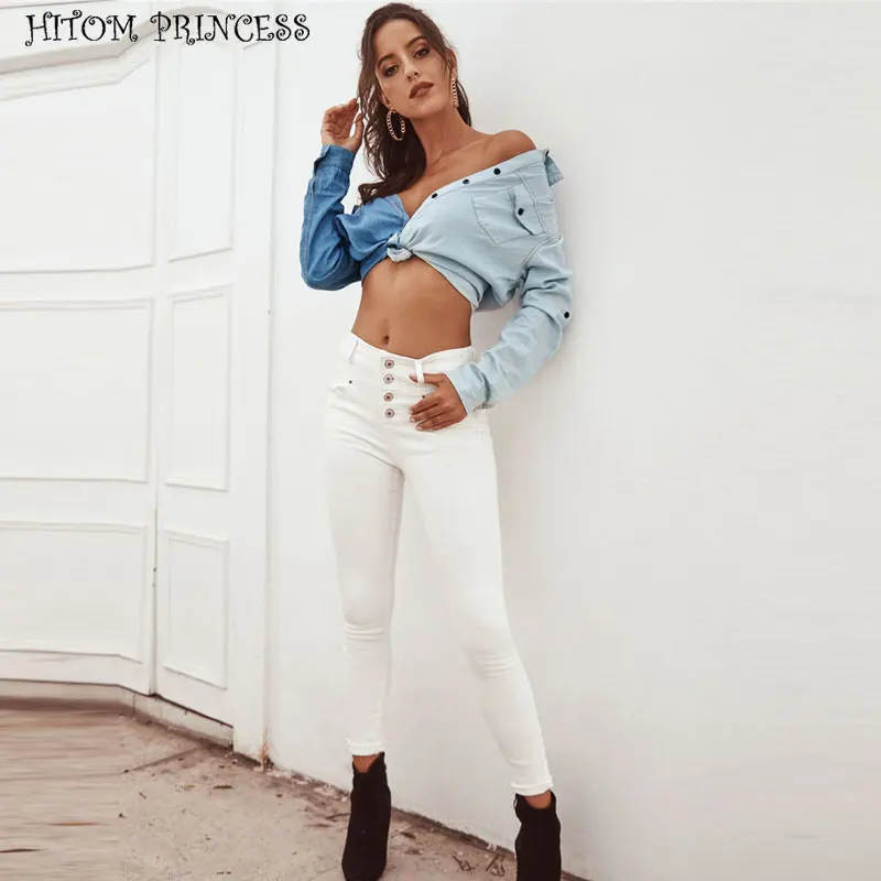 

HITOM PRINCESS White Jeans Female Button Skinny High Waist Jeans For Women Stretch Slim Denim Pencil Pants Woman Jeans Trousers