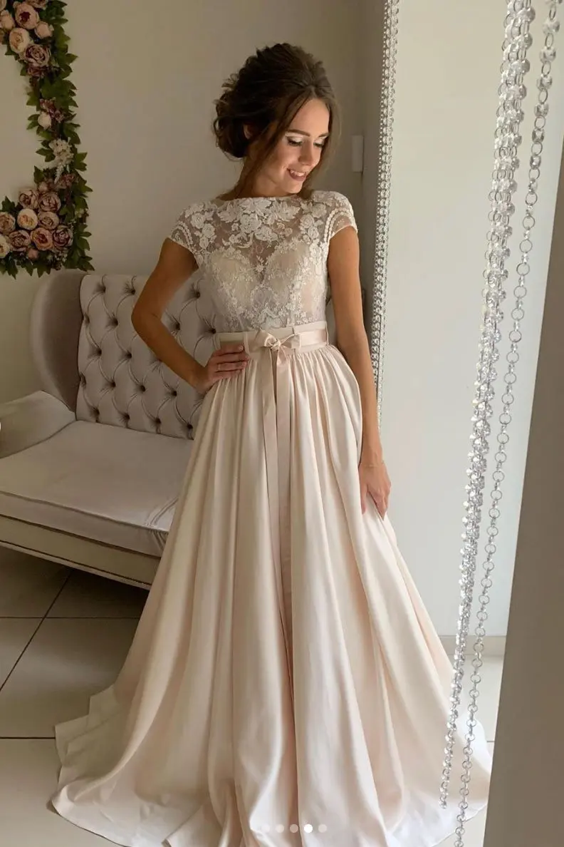 

Lace Satin Wedding Dresses for Bride 2021 A Line Cap Sleeve Beach Wedding Bridal Gowns vestidos de novia